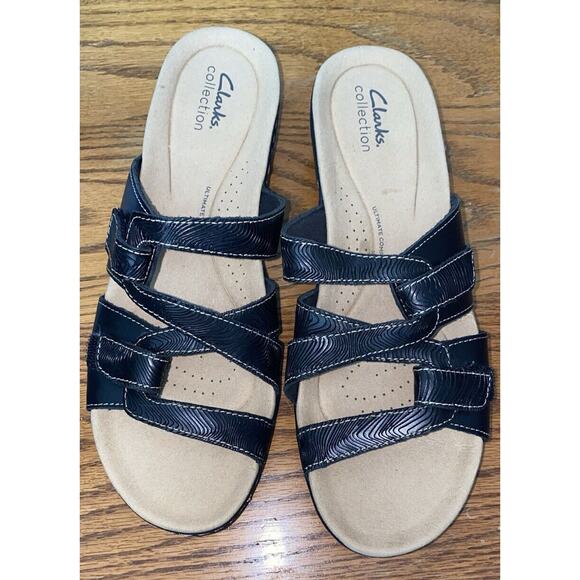 NEW Clarks Merliah Karli Black Leather Wedge Strap Sandals Women Size 10 N - Picture 1 of 7